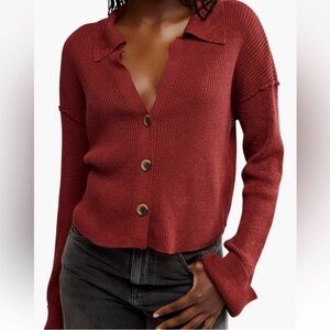 Women's Free People Burgundy Button-Up Sweater